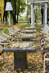 Rainy autumn day in the park on the chess court.