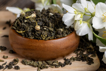 A real green hour with jasmine on the table