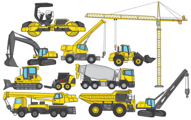 Big set of construction equipment. Special machines for construction work. Loaders, cranes, excavators, bulldozers, trucks. Special equipment. Road repair. Construction. Commercial vehicles.