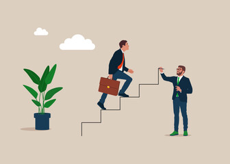 Businessman drawing stairs. Partner walking up stairs to their goal. Move up motivation, the path to the target's achievement. Flat vector illustration.