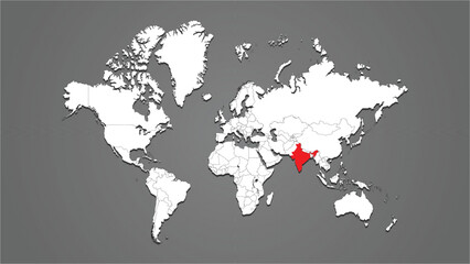 india highlight in red color on world map with other countries border vector