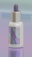 Luxury dropper bottle container with pearlescent label, single object on holographic style modern abstract background, concept of medical and beauty procedures, orthographic 16x9 3D rendering