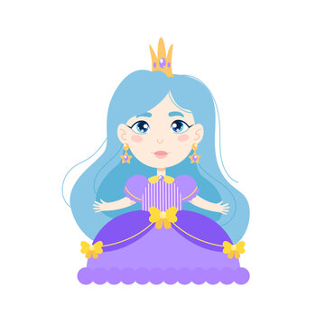 Vector image of a cute blue haired princess with big blue eyes and dressed in a violet puff dress
