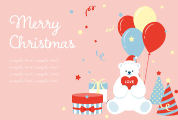 Obraz premium Christmas party vector background with polar bear, gift boxes and balloons for banners, cards, flyers, social media wallpapers, etc.