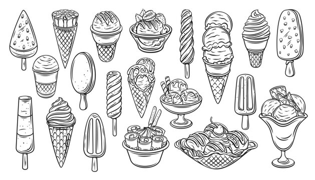 Ice cream set, outline icons set vector illustration. Black line summer food, soft creamy balls of dessert in cup and waffle cone, hand drawn sketch of sweet chocolate and vanilla frozen sundae