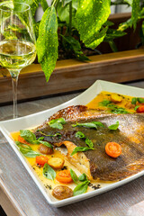 sea delicacy, sea food, fried flounder with vegetables, served with white wine