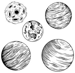 Сollection of solar system planets. Hand drawn isolated illustration. Doodle sketch.