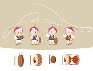 Korean traditional musical instrument, dance samulnori, pungmul, performer character, design set