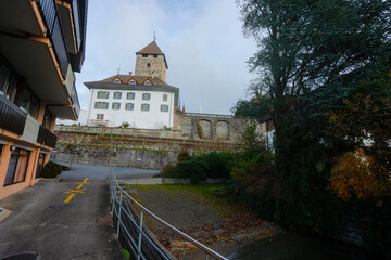 Beautiful view of Spiez and classic building old town of Spiez near lake Thun during autumn ,...