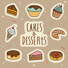 Sticker pack cupcakes. Set of different sweet desserts and cupcakes. Vector image.