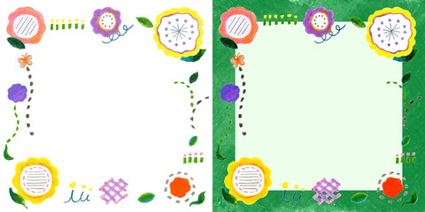 手描きの可愛い花や植物の正方形のフレーム素材セット