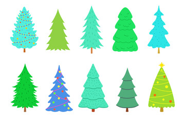 Set of Christmas trees with ornaments and garlands, and Christmas trees without garlands. Collection of winter trees for Christmas, New Year and holiday. Vector illustration