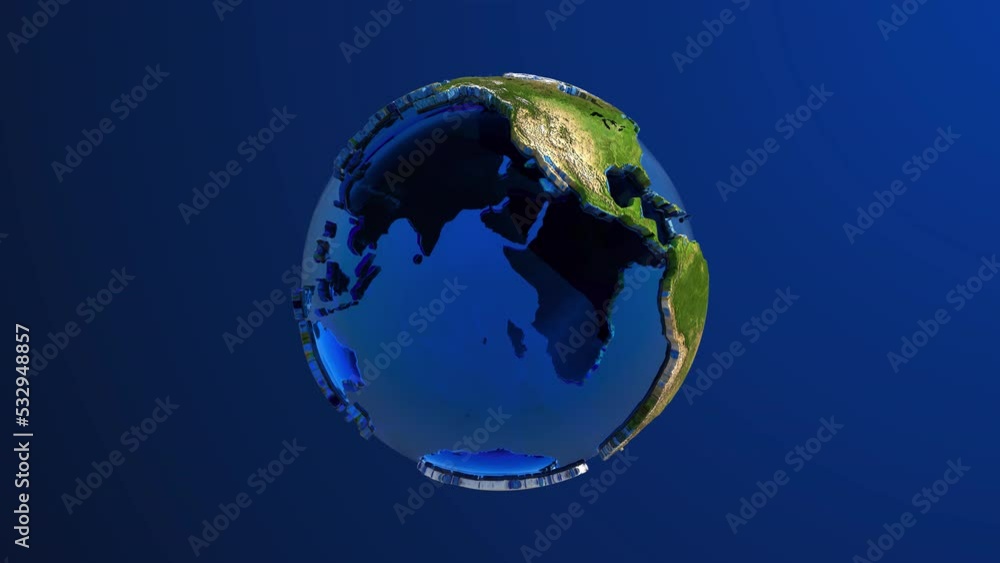 Poster earth planet assembling from toy bricks then exploding and scattering to huge pile of toy bricks and