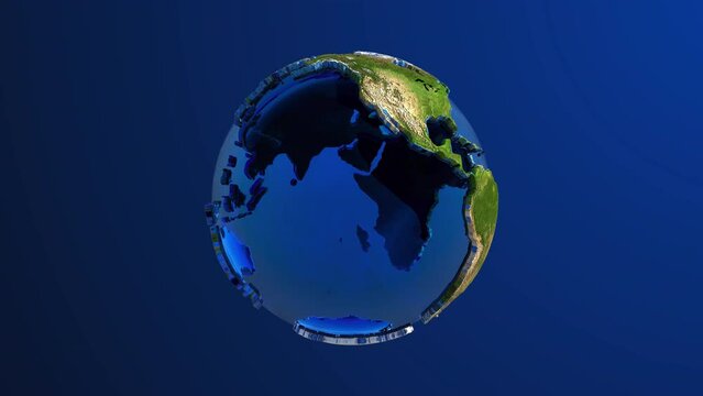 Earth planet assembling from toy bricks then exploding and scattering to huge pile of toy bricks and disappearing in the end. Earth Day or environment pollution concept. 3d rendering