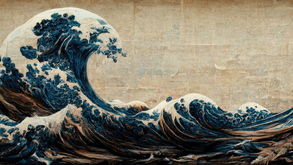 Great wave in ocean as Japanese style illustration wallpaper - obrazy, fototapety, plakaty