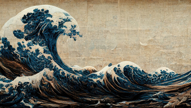 Great wave in ocean as Japanese style illustration wallpaper