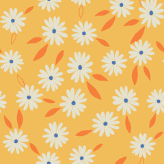 Delicate Floral Seamless Pattern. Botanical Simple White Chamomile on yellow Background. Daisy Vector Illustration 