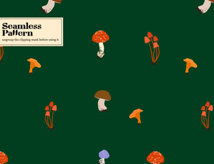 Mushrooms and dried leaves seamless pattern on green background