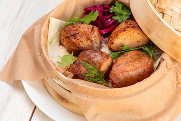 barbecue with marinated red onion and fresh herbs