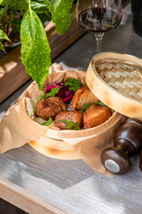 barbecue with marinated red onion and fresh herbs