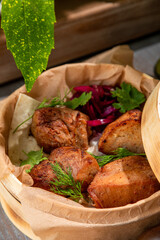 barbecue with marinated red onion and fresh herbs