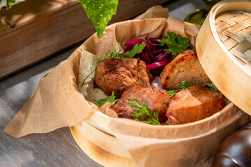barbecue with marinated red onion and fresh herbs