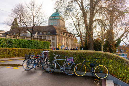 ETH Zurich Hauptgebaude ,  public research university and observation desk in Zurich during autumn , winter cloudy day : Zurich , Switzerland : December 6 , 2019