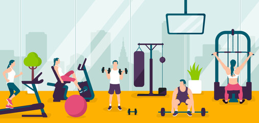 People working out at the gym.  Horizontal vector  banner illustration.