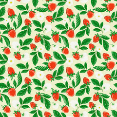 Red strawberries, white flowers and green leaves. Berry seamless pattern on yellow background. Forest motif.