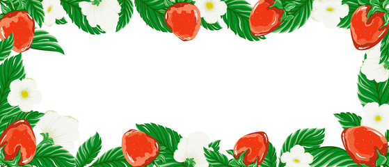 Rectangular frame with strawberries. Bright juicy berries and strawberry flowers. Woodland plants.