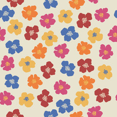 Trendy Cute floral daisy hand drawn seamless pattern vector illustration. 70s retro background
