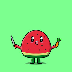 Cute cartoon Watermelon character holding knife and carrot in modern style design