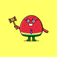 Cute cartoon mascot character wise judge Watermelon wearing glasses and holding a hammer 