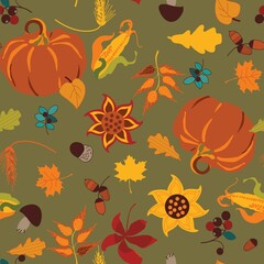 autumn pattern with pumpkins, mushrooms, leaves and flowers