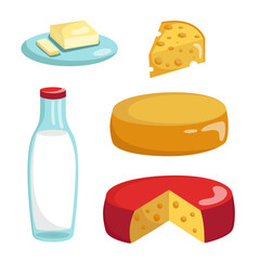 Vector set dairy products. Collection of fresh organic dairy products. Milk, cheese, butter.