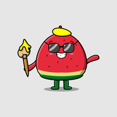 Cute cartoon character Watermelon painter portraitist with hat and a brush to draw in cute design style design 