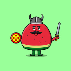 Cute cartoon character Watermelon viking pirate with hat and holding sword and shield illustration
