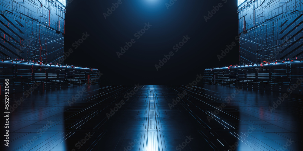 Poster 3d rendering sci fi metal corridor on dark background. abstract technology background.