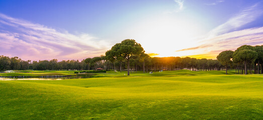 Golf course panorama at sunset with beautiful sky. Scenic panoramic view. Golf course with pine...