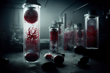 Horrible genetic laboratory of monsters, mutants. Horror background.  - obrazy, fototapety, plakaty