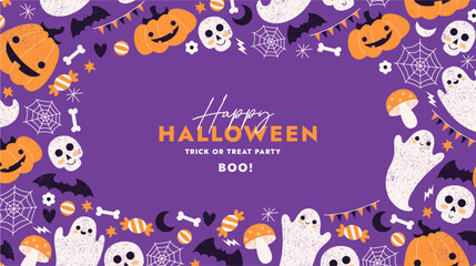 Cute halloween horizontal design template. Textured illustration of monsters. Vector illustration