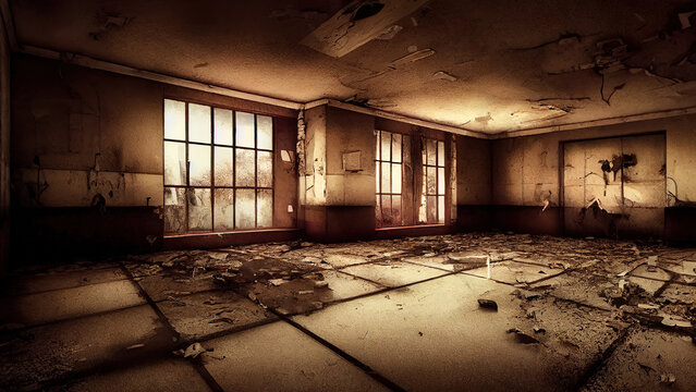 3 D render. Abandoned industrial creepy warehouse inside old dark grunge factory building, toned