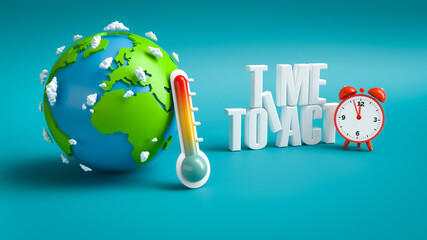Erderwärmung - Klimawandel - Zeit zu handeln - Uhrzeit 5 vor 12 - obrazy, fototapety, plakaty