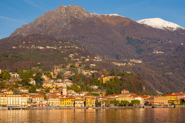 Menaggio , beautiful town on the shore of Lake Como , Lombardy .  during autumn , winter sunny day : Lake Como , Italy : December 7 , 2019