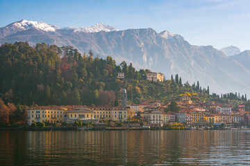 Fototapeta na wymiar Bellagio , Coastal town at Lake Como , Lombardy , during autumn , winter sunny day : Lake Como , Italy : December 7 , 2019