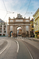 Triumphpforte or Triumphal Arch , the main gate on Maria Theresien Street in old town of Innsbruck...