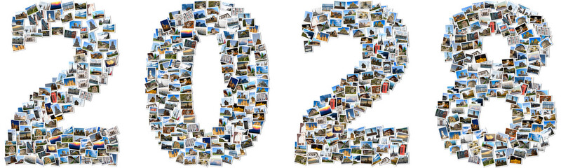 2028 made of travel photos; Composite image of small photos with white borders