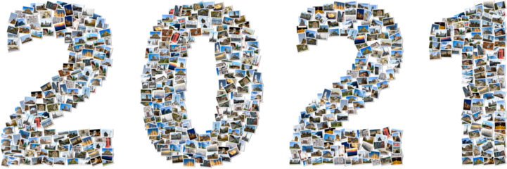 2021 made of travel photos; Composite image of small photos with white borders