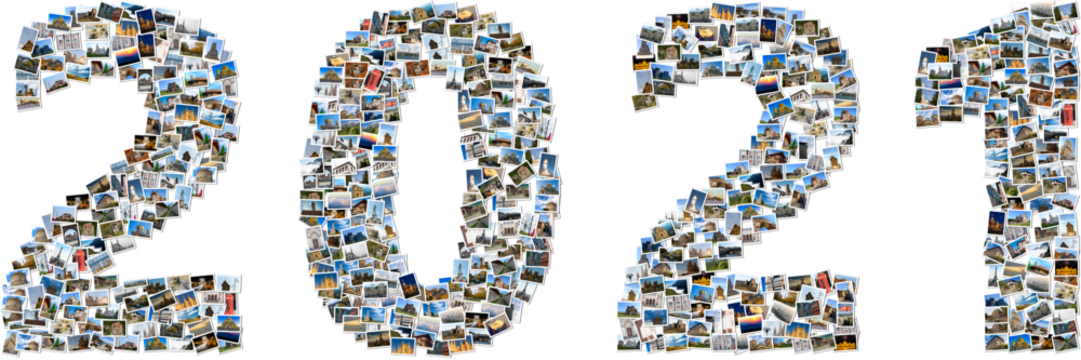 2021 made of travel photos; Composite image of small photos with white borders