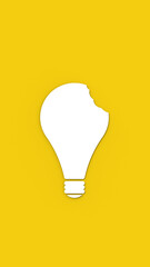 a white bitten light bulb on a yellow background. teeth marks stealing an idea. plagiarism. copying other people's works. Vertical image. 3D image. 3D rendering.